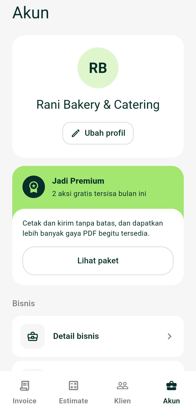 Account page with business profile and Premium plan