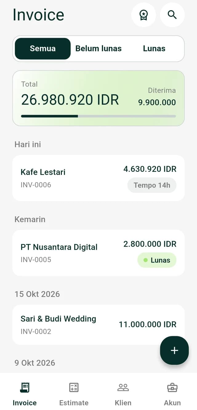Invoice list with totals and payment status